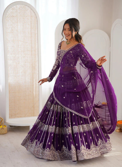 Purple Faux Georgette Thread Embroidery Lehenga Choli