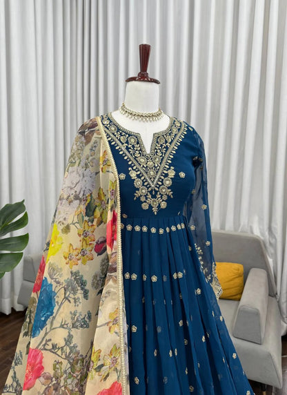 Blue Georgette Thread Work Anarkali Suit