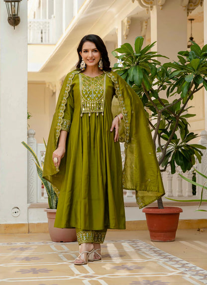 Beautiful Roman Silk Anarkali Kurti Mehndi