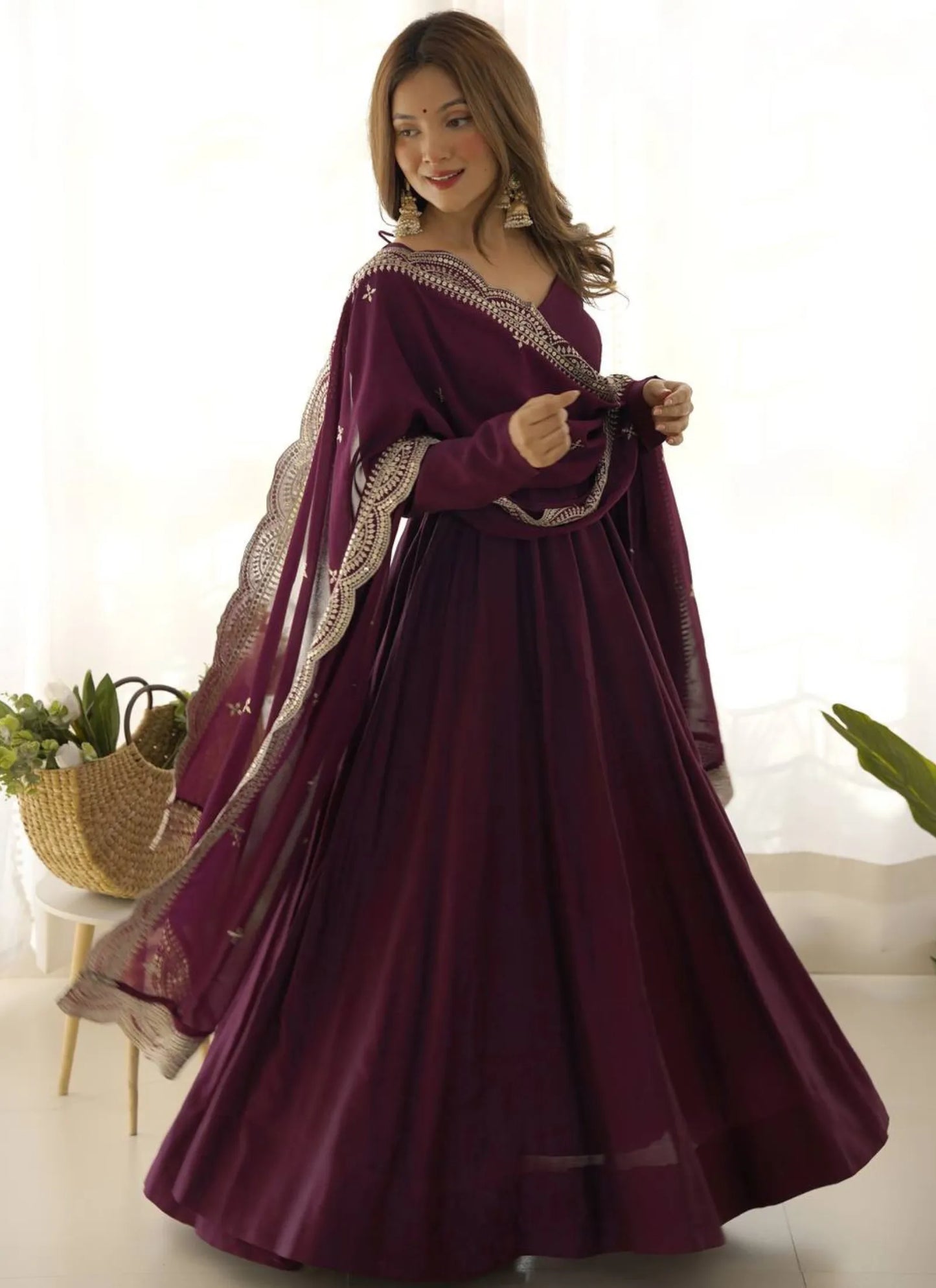 Pure Romansilk Chanderi Fabric Anarkali Wine