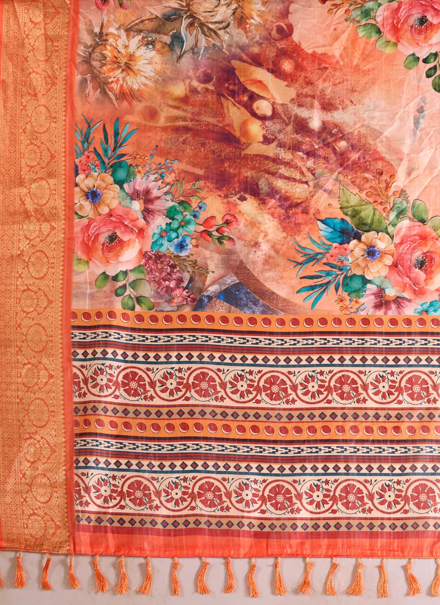 Floral Print Soft Lichi Silk Saree Orange