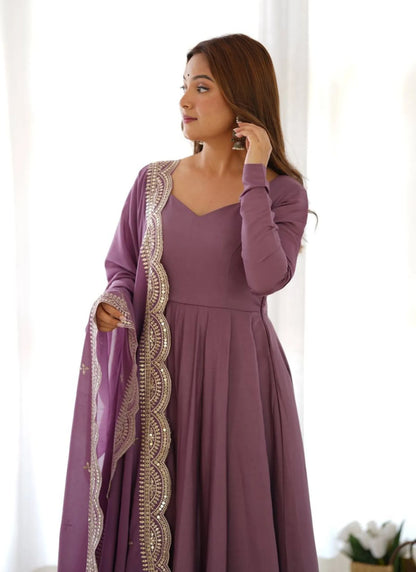 Pure Romansilk Chanderi Fabric Anarkali Mauve