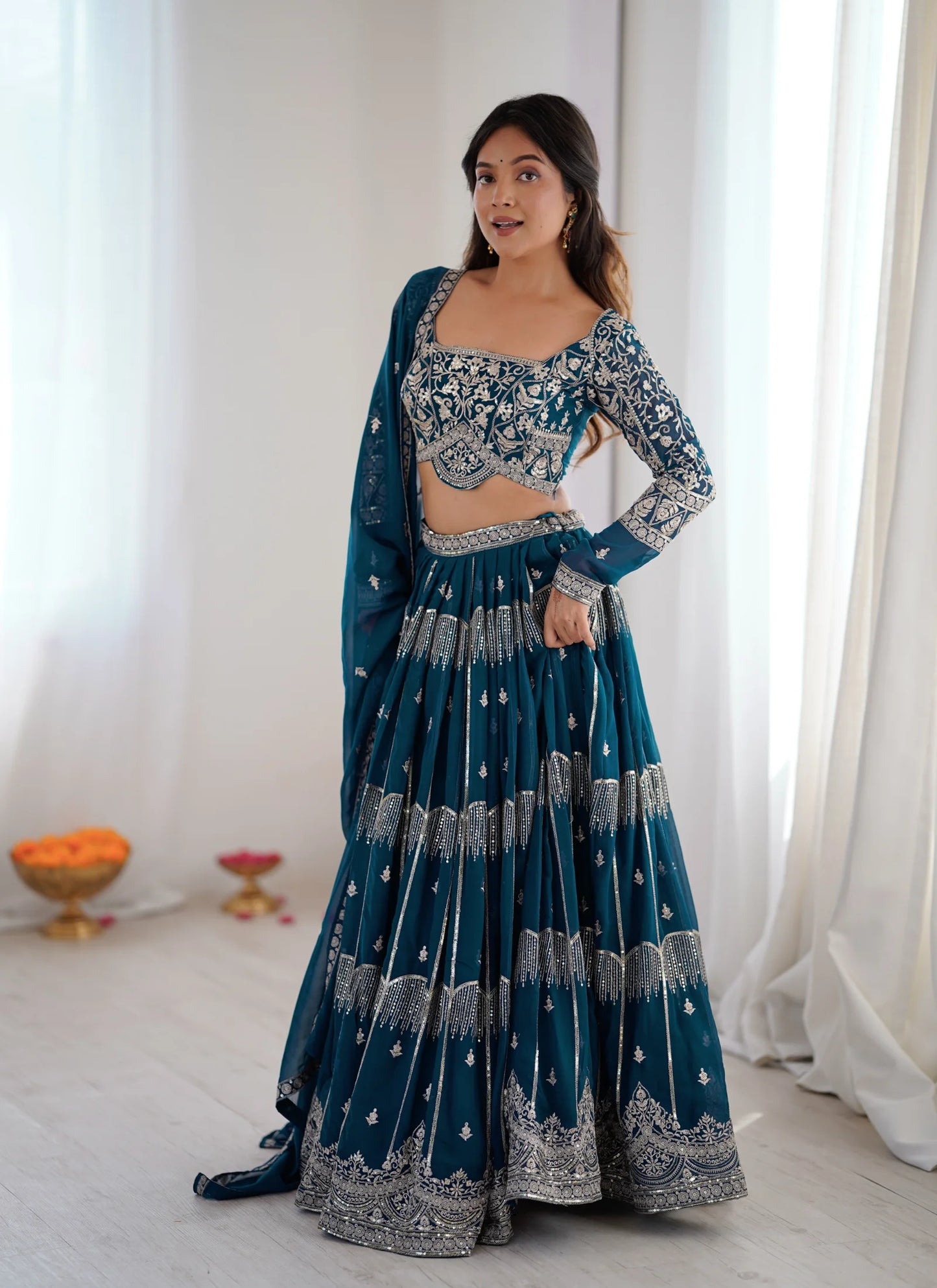 Blue Faux Georgette Thread Embroidery Lehenga Choli