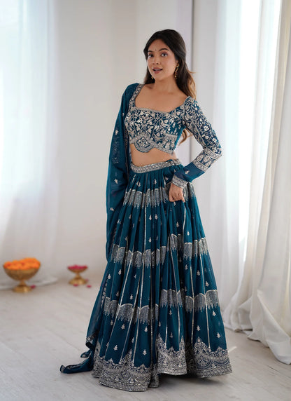 Blue Faux Georgette Thread Embroidery Lehenga Choli