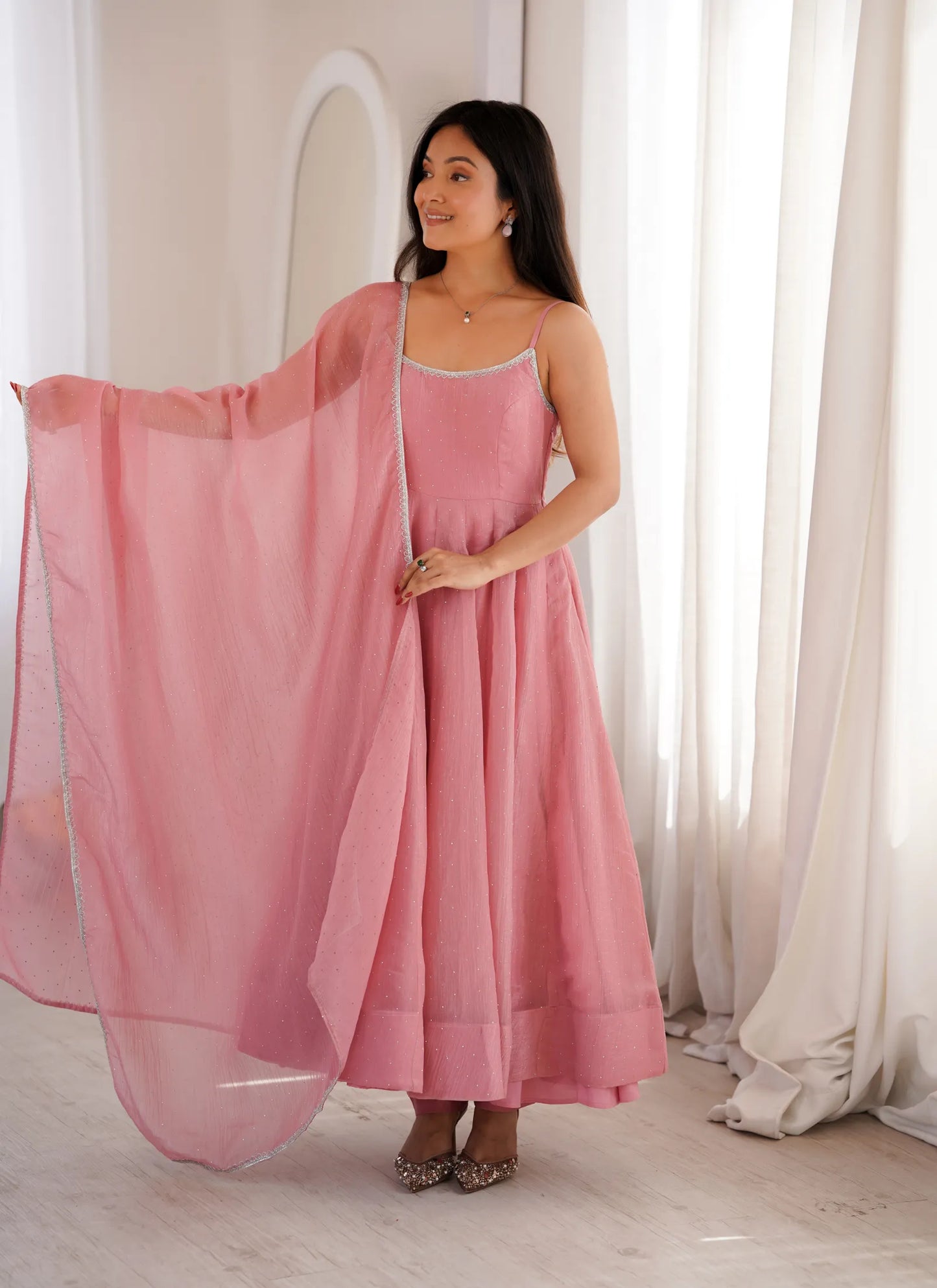 Pink Crunchy Silk Fabrics Fully Flair Anarkali