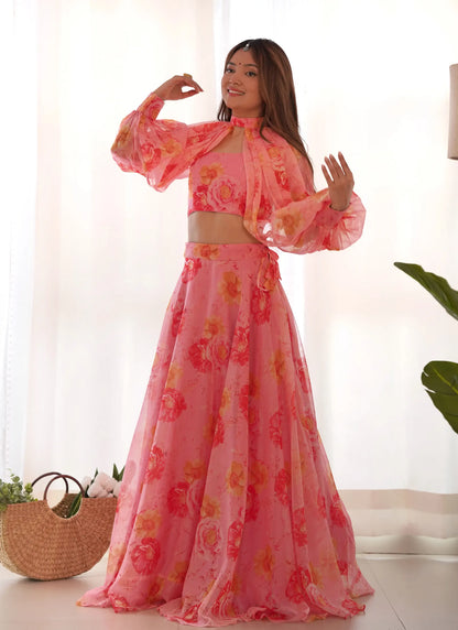 Multi Floral Organja Fabric Lehenga Choli