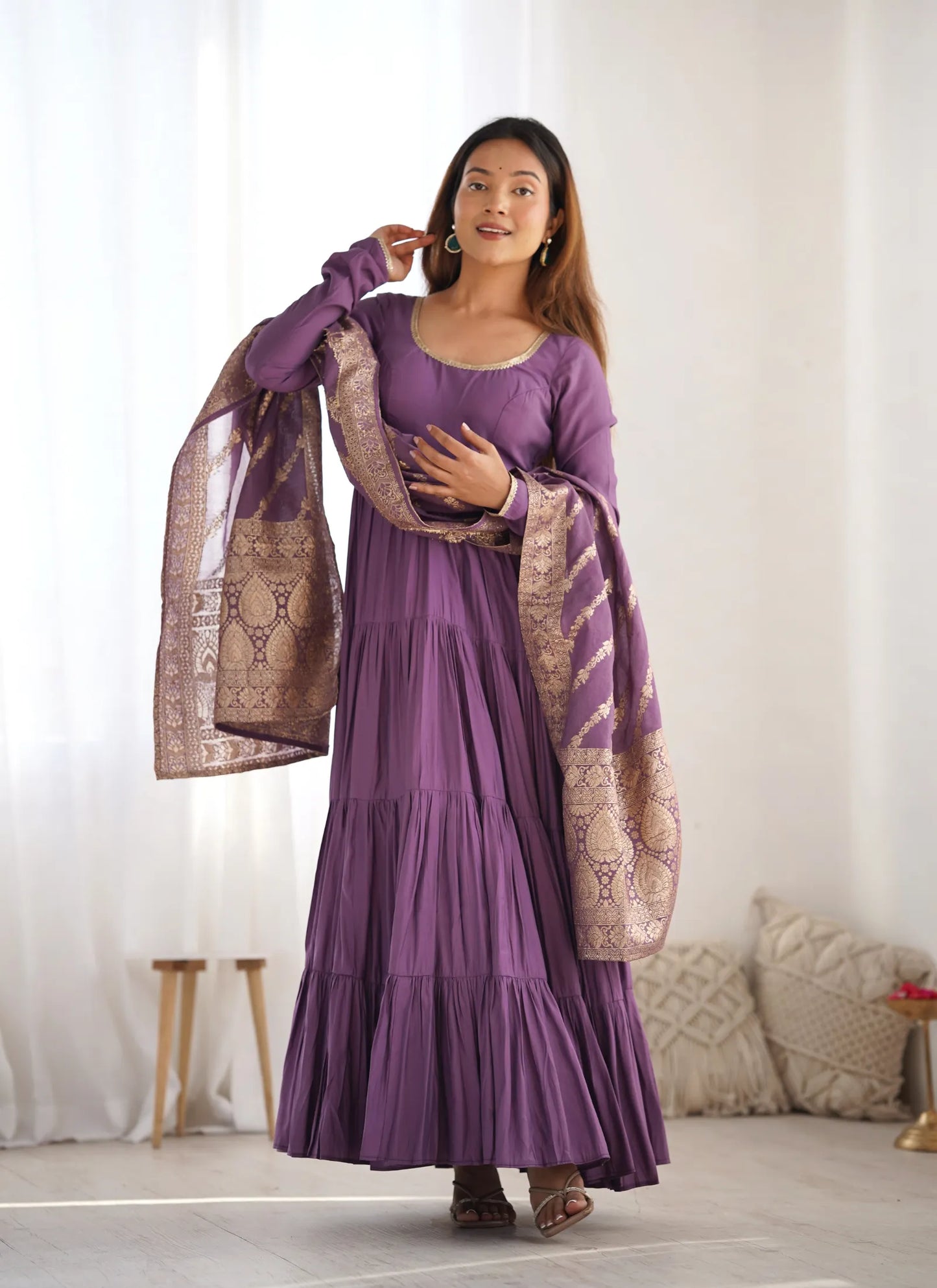 Heavy Pure Romansilk Anarkali Mauve