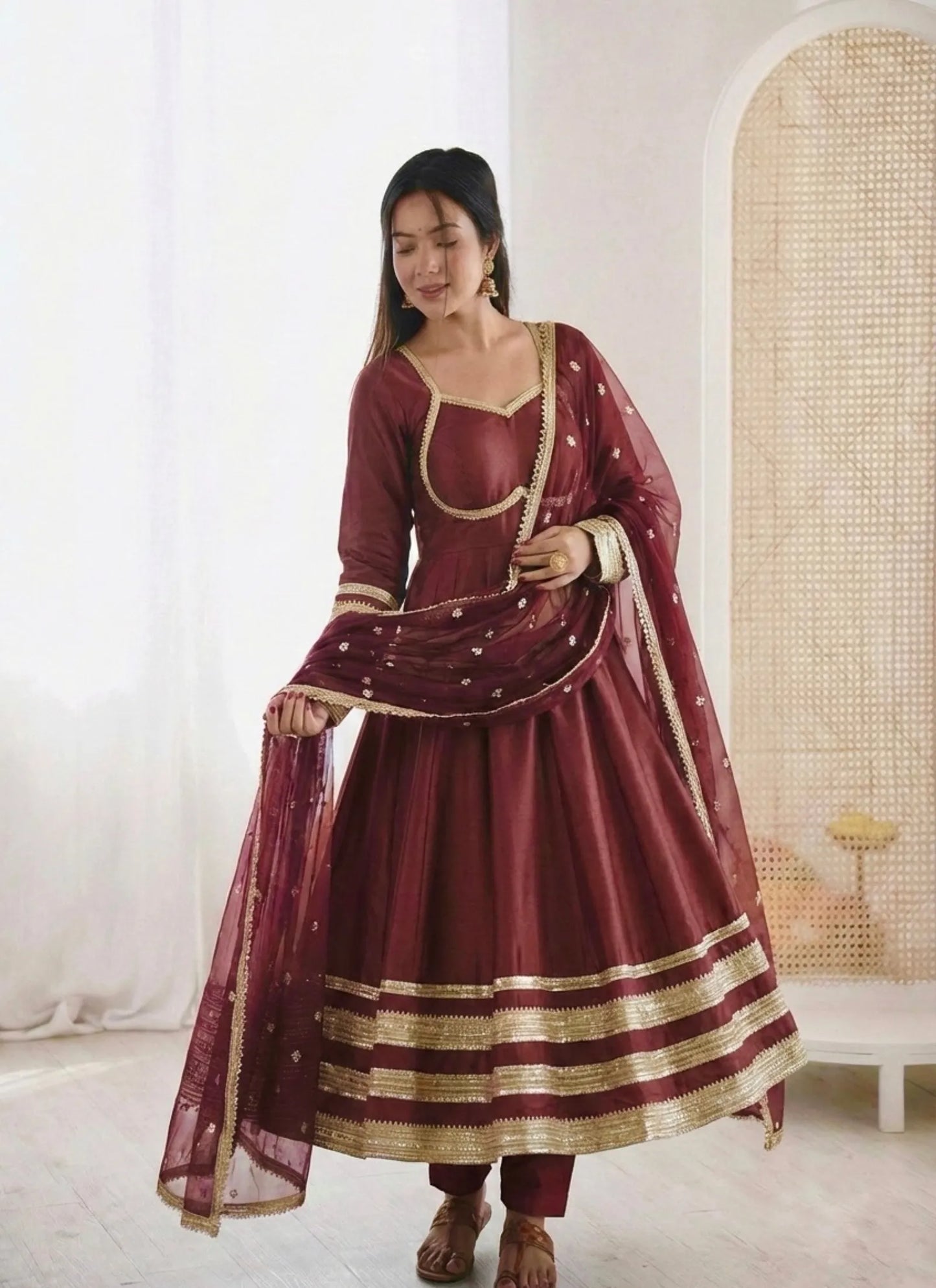 Maroon Heavy Lace Work Designer Anarkali Suit