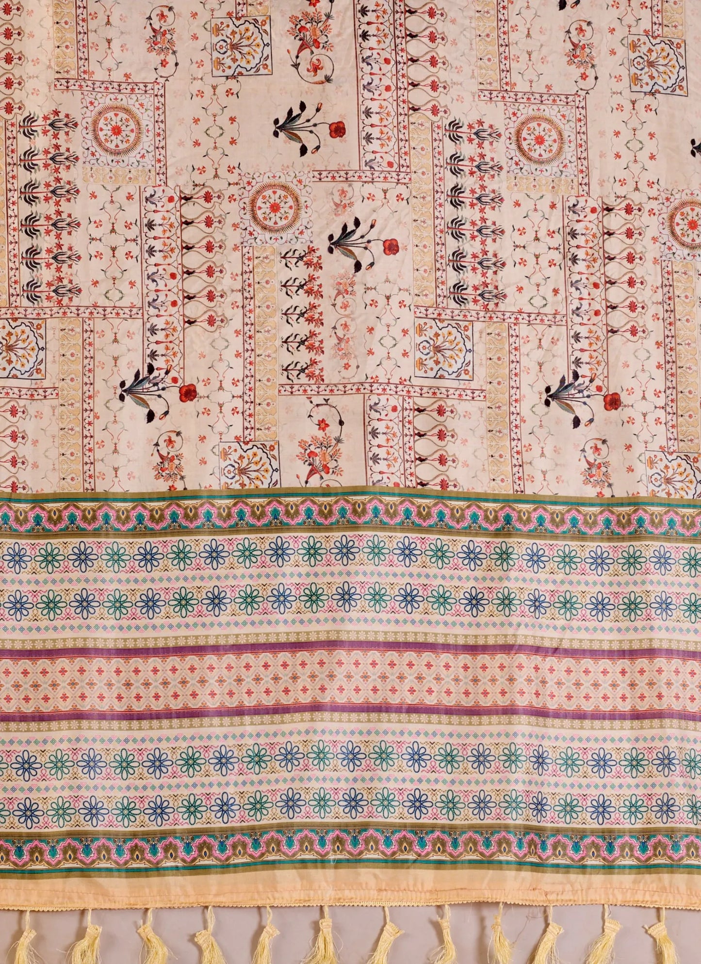 Ethnic Print Soft Lichi Silk Saree Beige