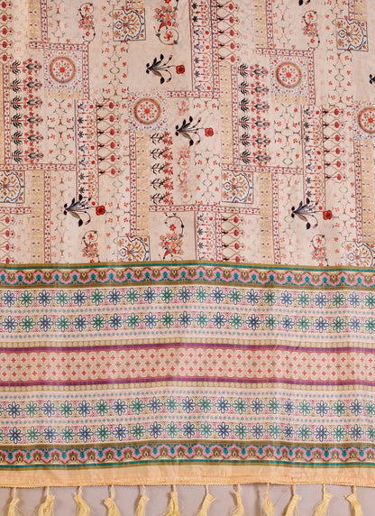 Ethnic Print Soft Lichi Silk Saree Beige