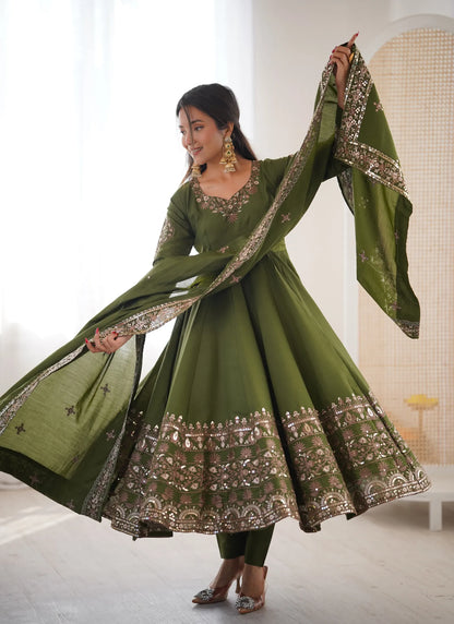 Green Embroidered Sequence Anarkali Suit