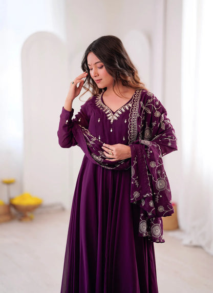 Wine Elegant Embroidered Anarkali Suit