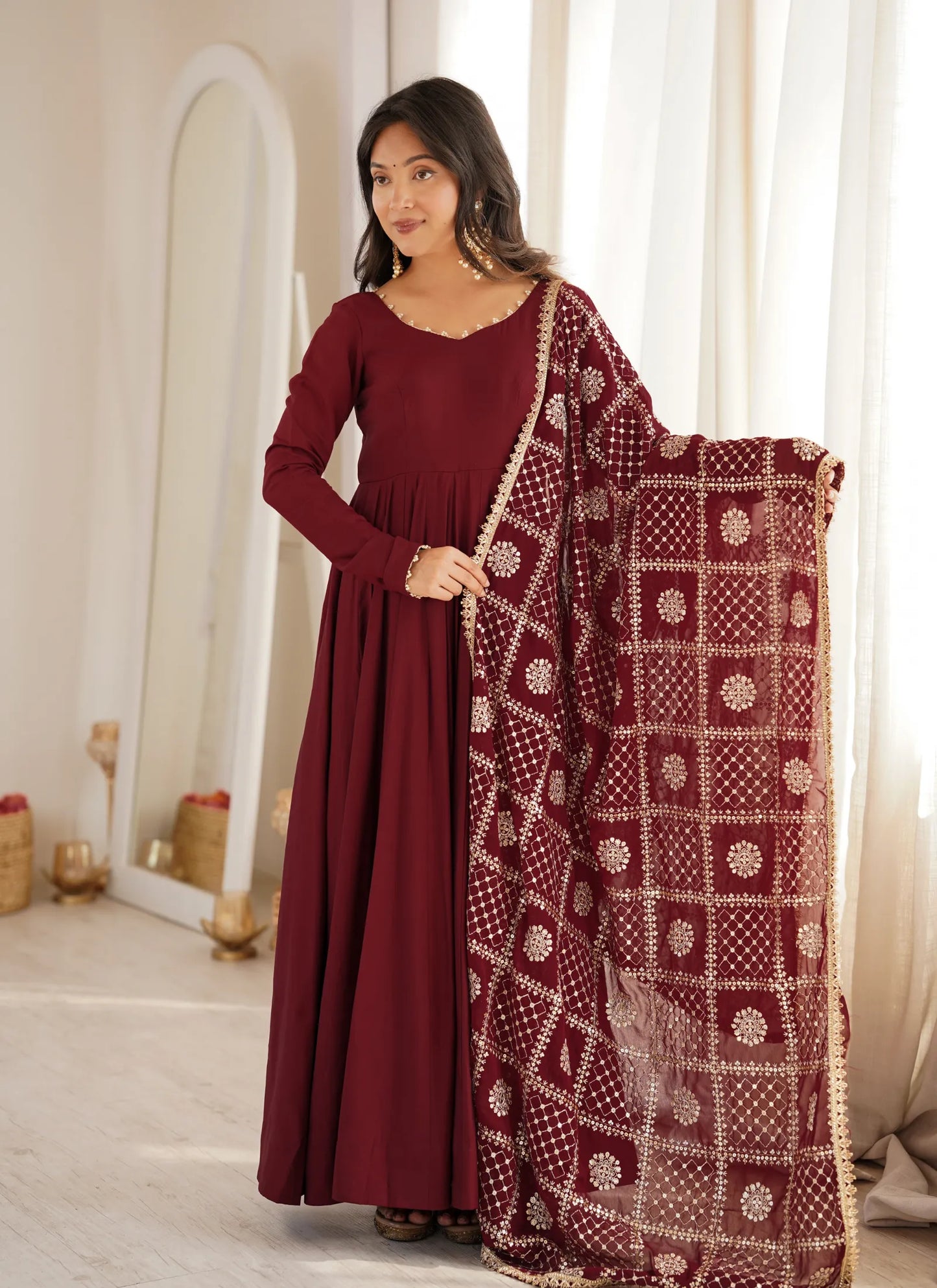 Maroon Heavy Roman Silk Anarkali Suit