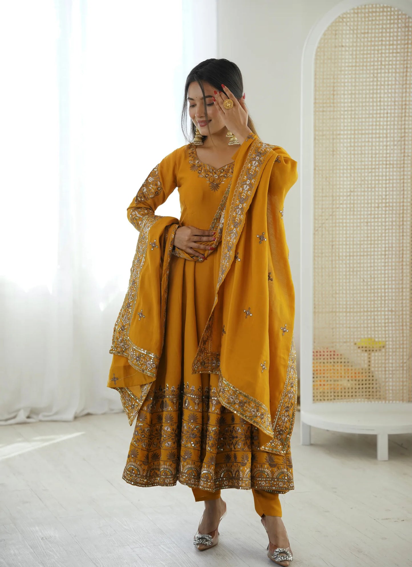 Yellow Embroidered Sequence Anarkali Suit