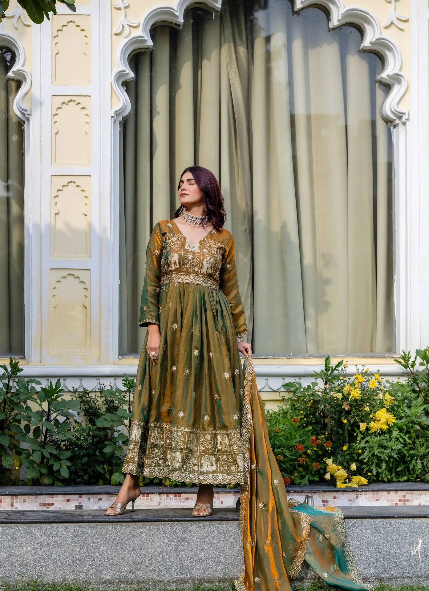 Muddy Green Embroidered Fendy Satin Gown