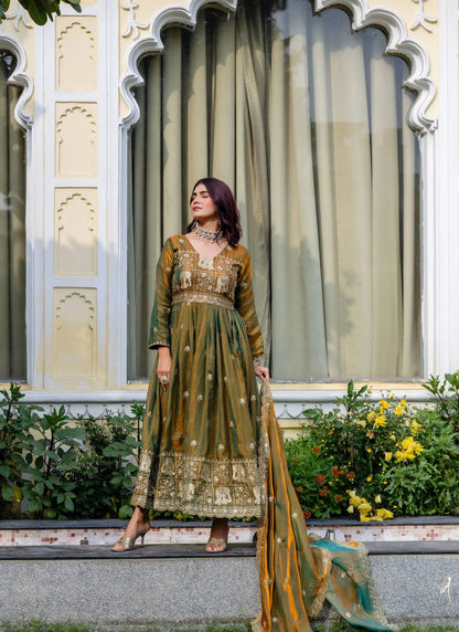 Muddy Green Embroidered Fendy Satin Gown