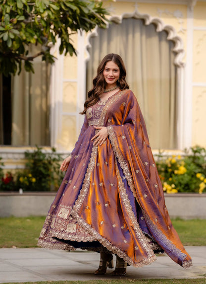 Dusty Purple Embroidered Fendy Satin Gown