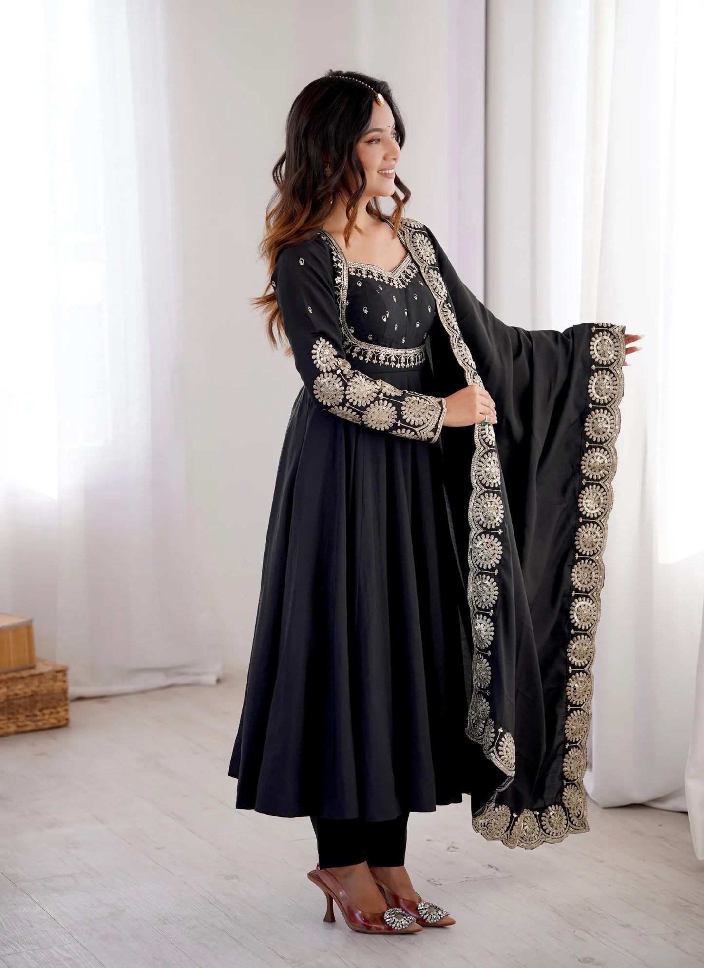 Black Roman Silk Designer Anarkali Suit