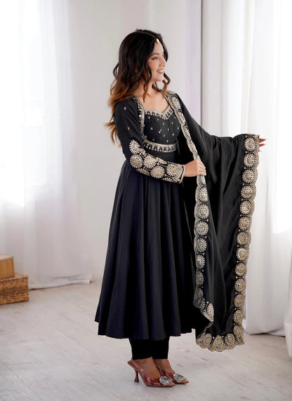 Black Roman Silk Designer Anarkali Suit