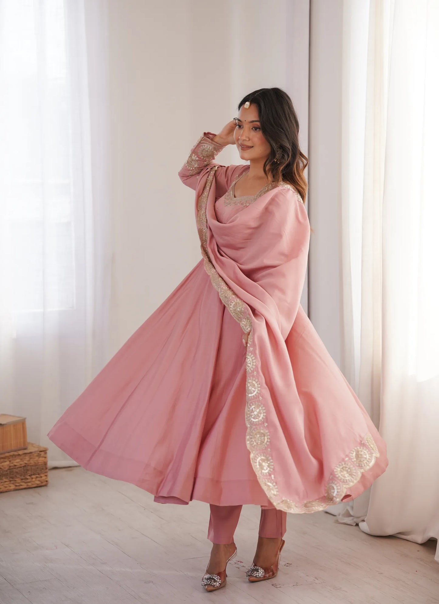 Pink Roman Silk Designer Anarkali Suit