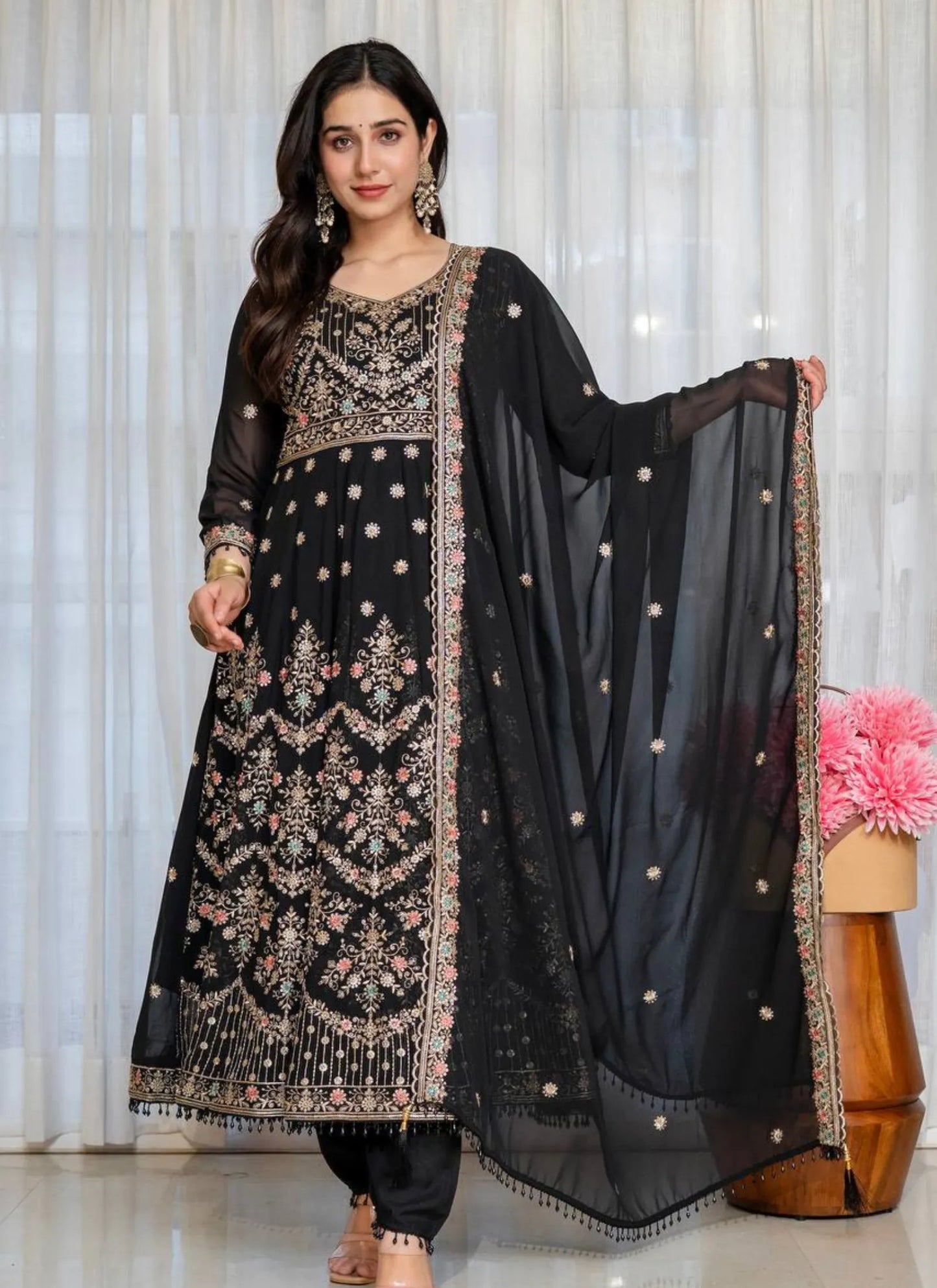 Black Faux Blooming Fabric Thread Embroidered Anarkali Suit