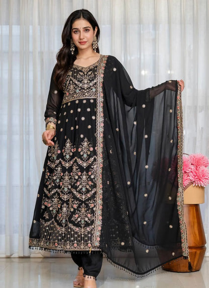 Black Faux Blooming Fabric Thread Embroidered Anarkali Suit