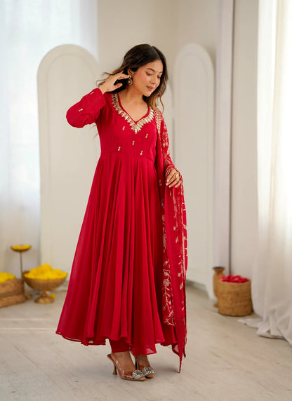 Red Elegant Embroidered Anarkali Suit
