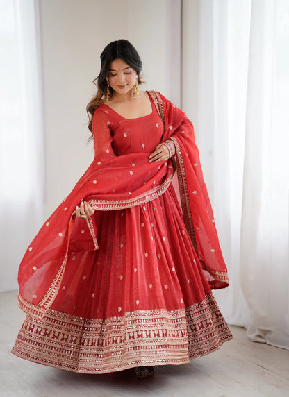 Premium Crunchy Silk Anarkali Gown Rust