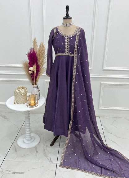Pure Crunchy Silk Fabric Anarkali Suit Purple