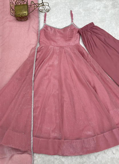 Pink Crunchy Silk Fabrics Fully Flair Anarkali
