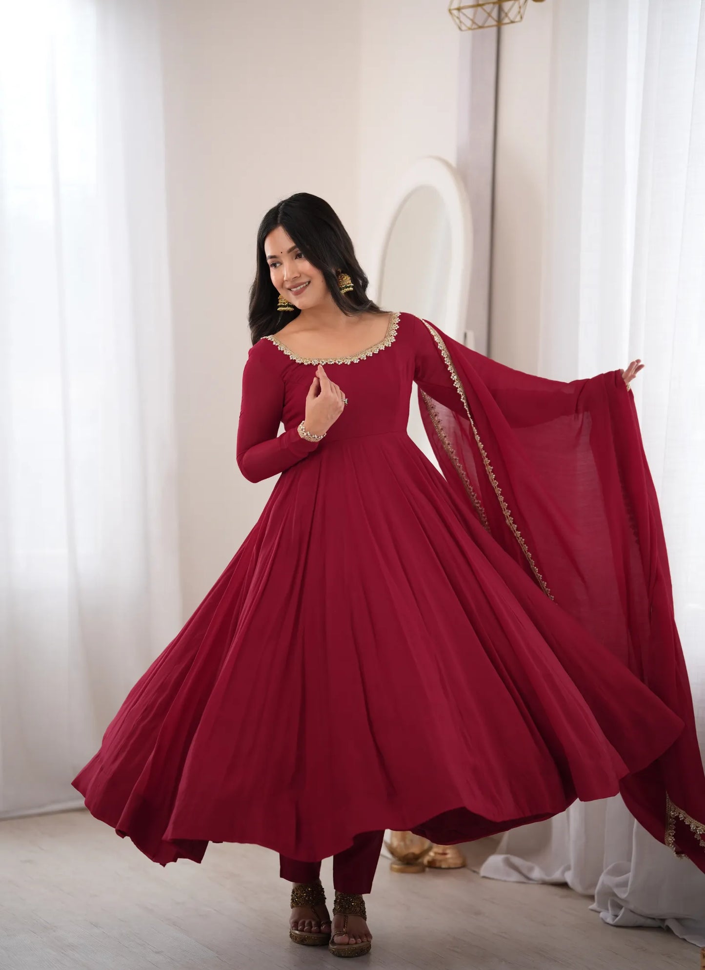 Dark Pink Pure Mal Chanderi Anarkali Suit