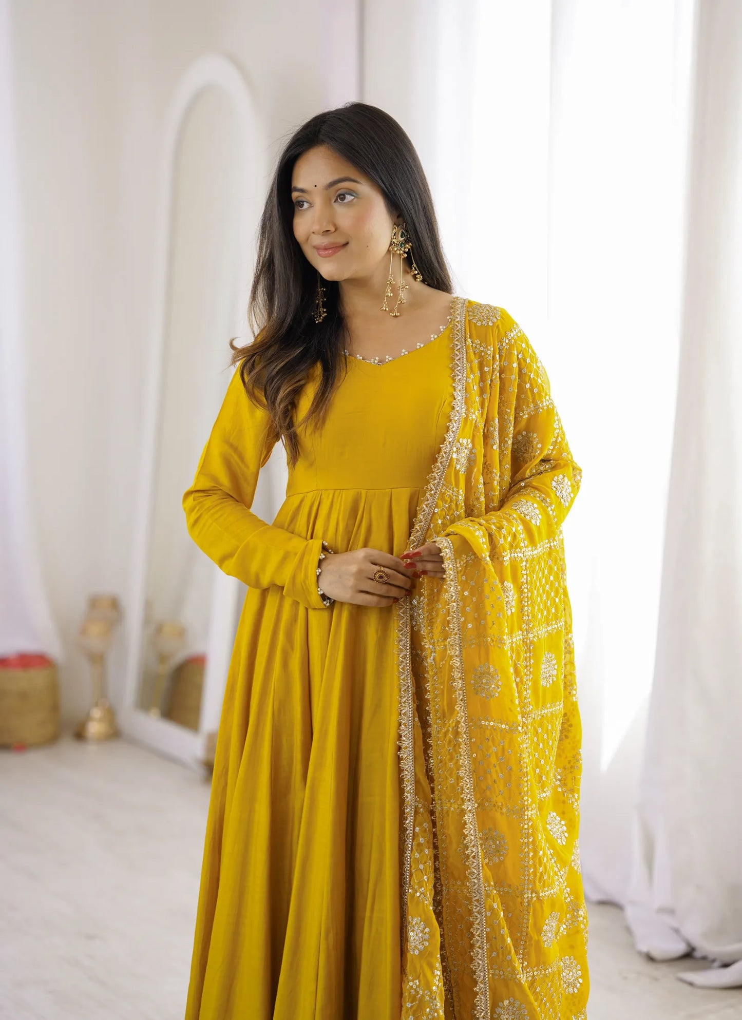 Yellow Heavy Roman Silk Anarkali Suit