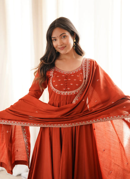Orange Roman Chanderi Silk Anarkali Suit