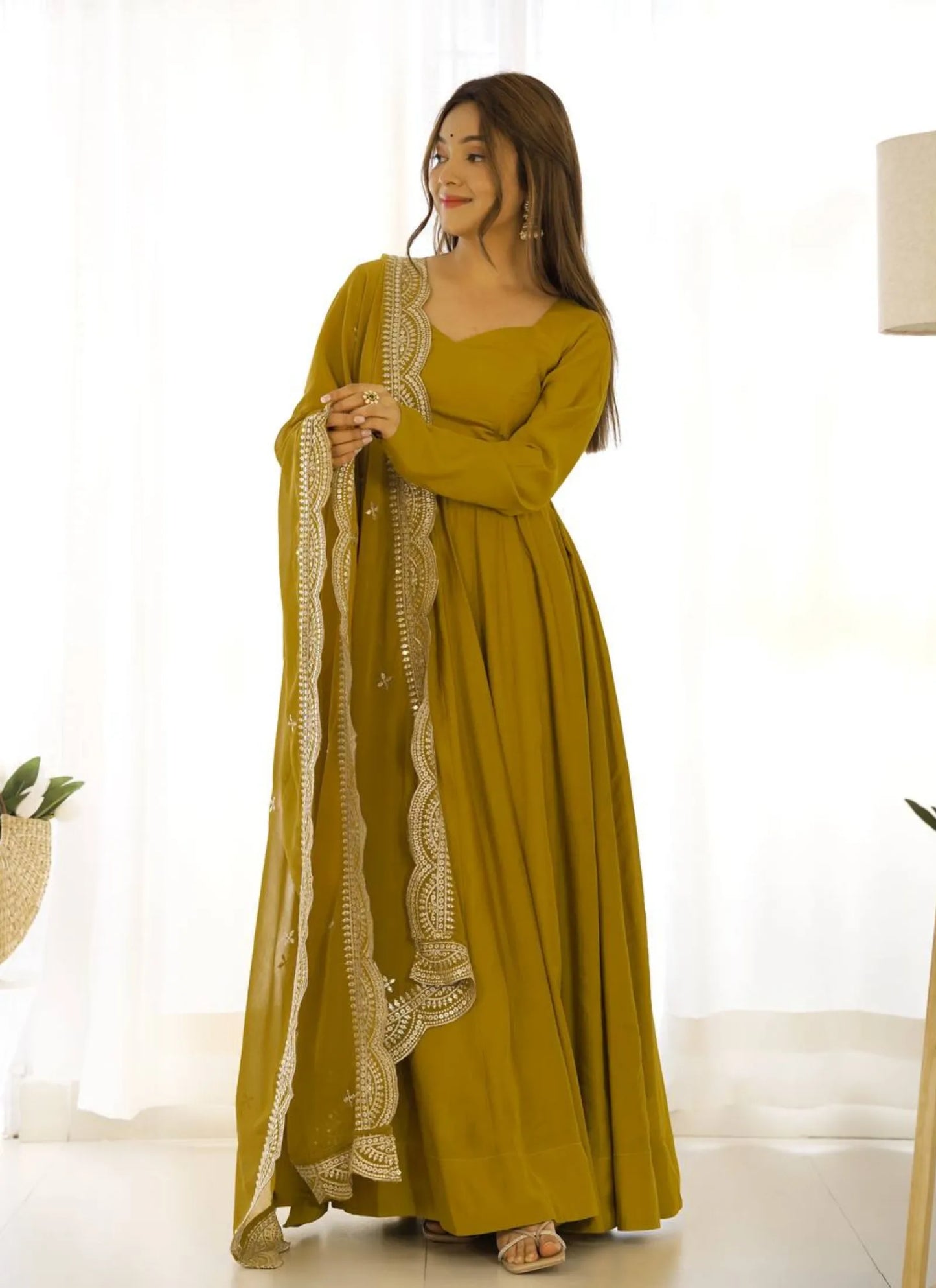 Pure Romansilk Chanderi Fabric Anarkali Mustard