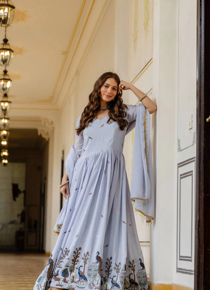 Blue Grey Embroidered Chinon Fabric Gown