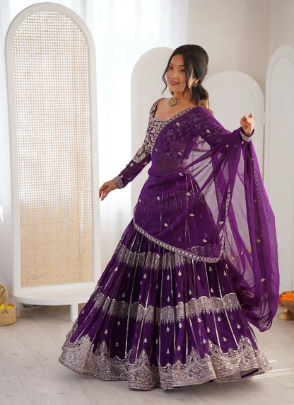 Purple Faux Georgette Thread Embroidery Lehenga Choli