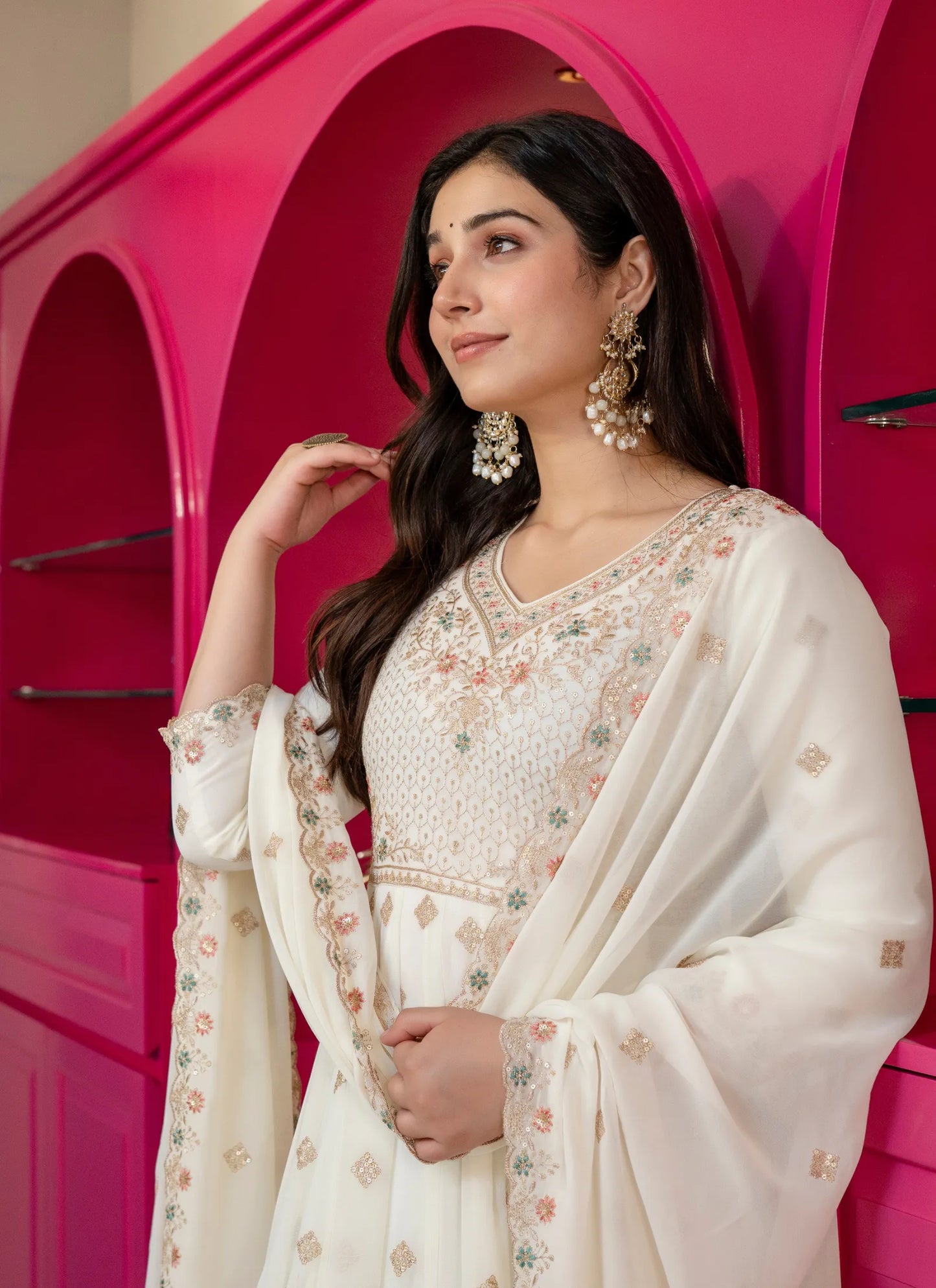 Off White Faux Blooming With Thread Embroidered Work Anarkali Suit