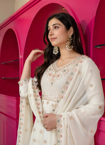 Off White Faux Blooming With Thread Embroidered Work Anarkali Suit