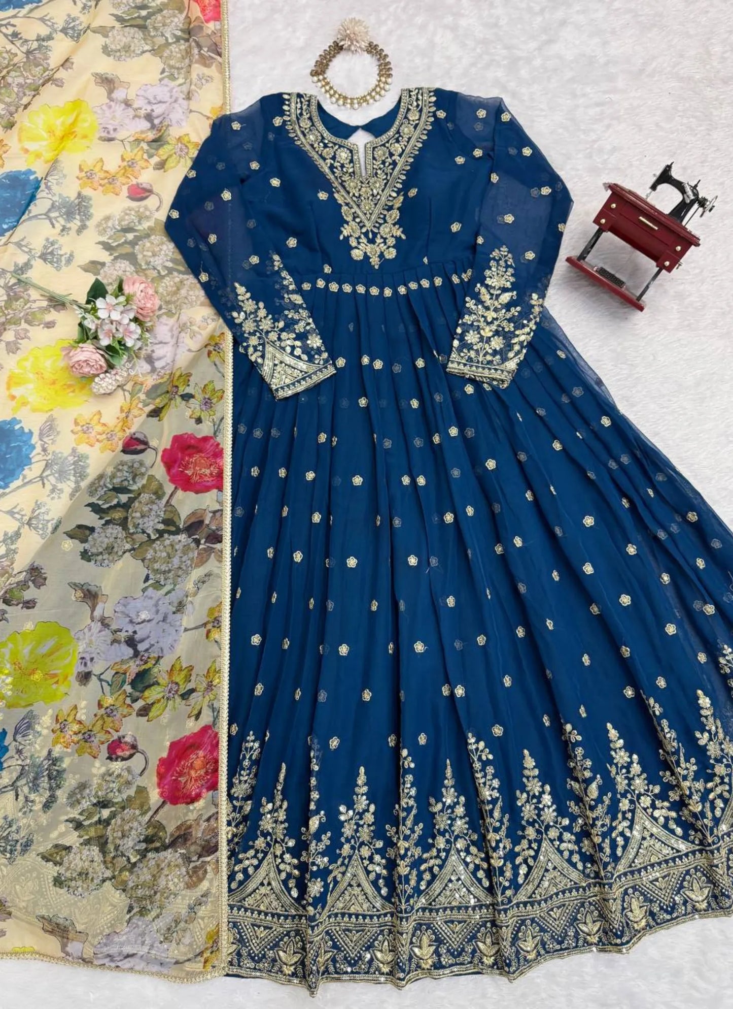 Blue Georgette Thread Work Anarkali Suit