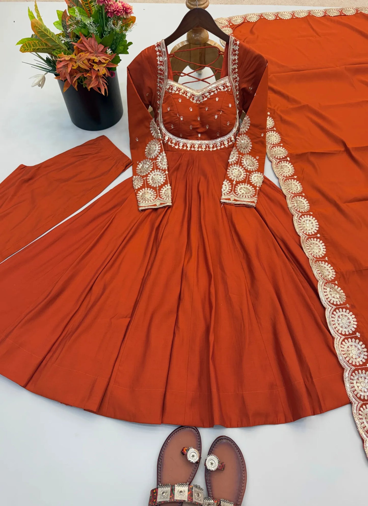 Orange Roman Silk Designer Anarkali Suit