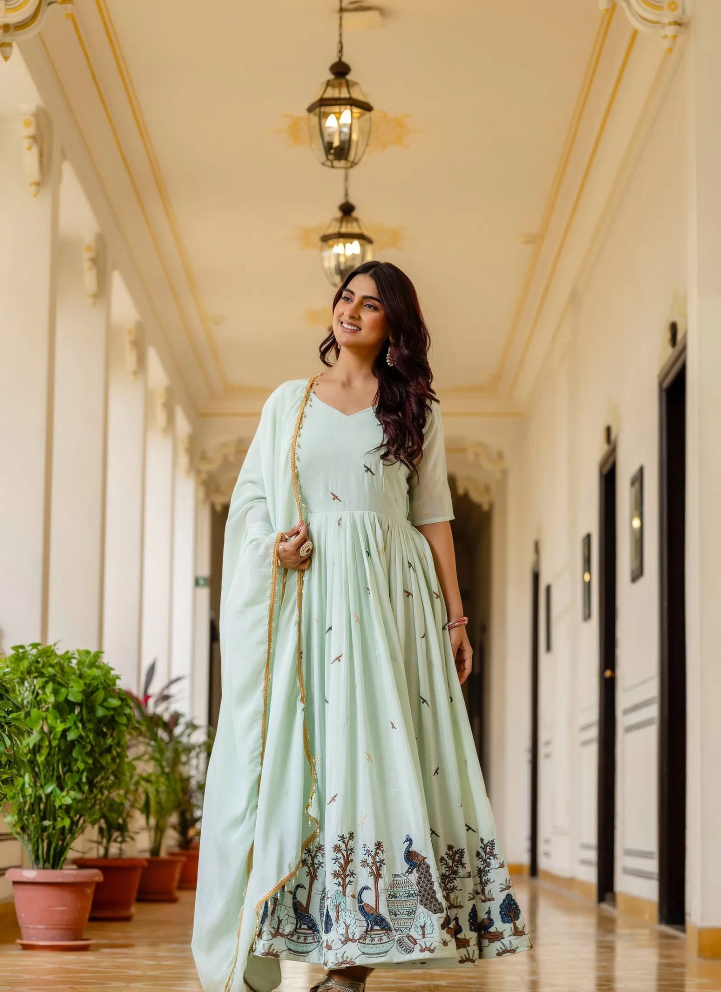 Green Embroidered Chinon Fabric Gown
