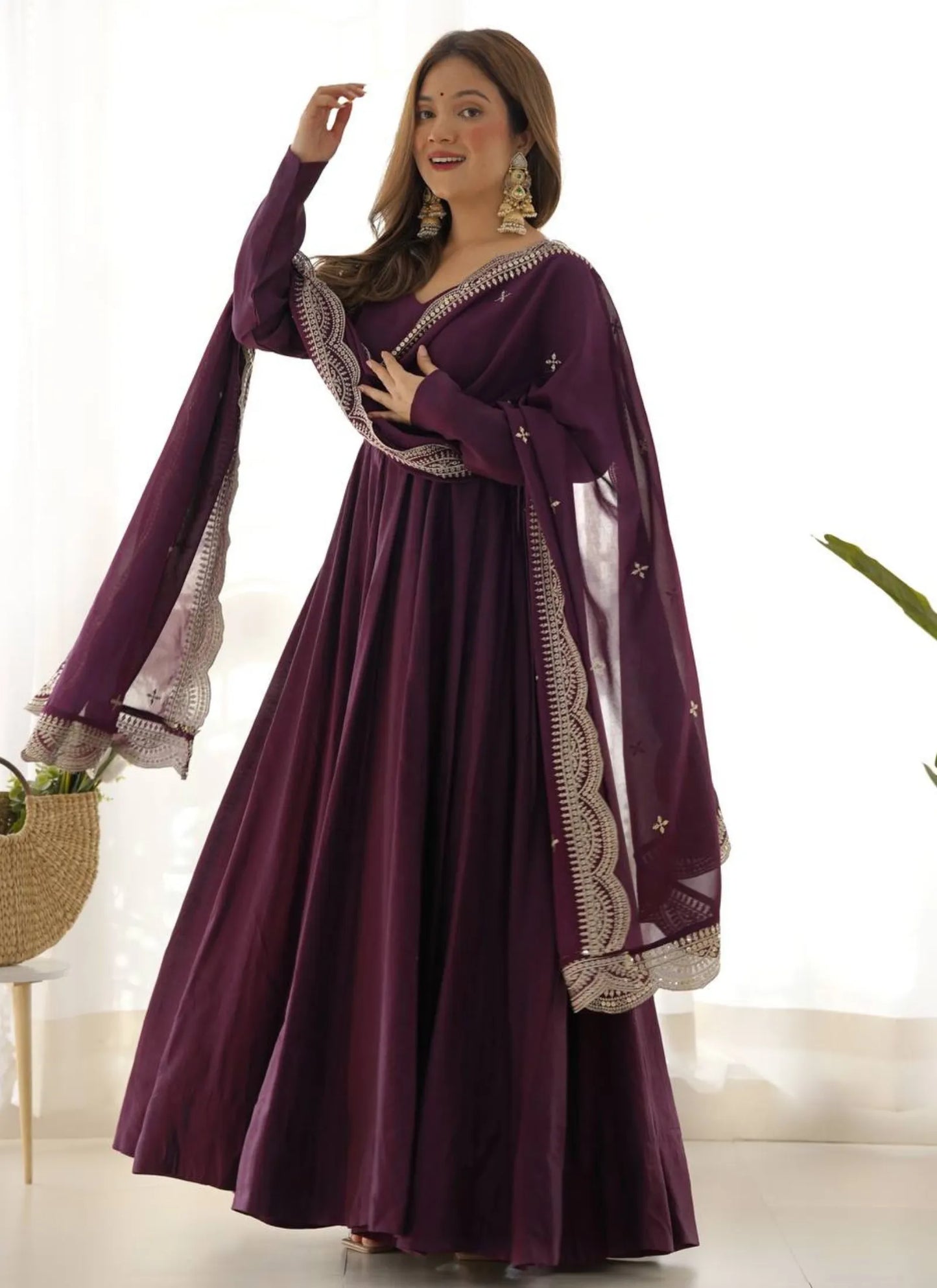 Pure Romansilk Chanderi Fabric Anarkali Wine