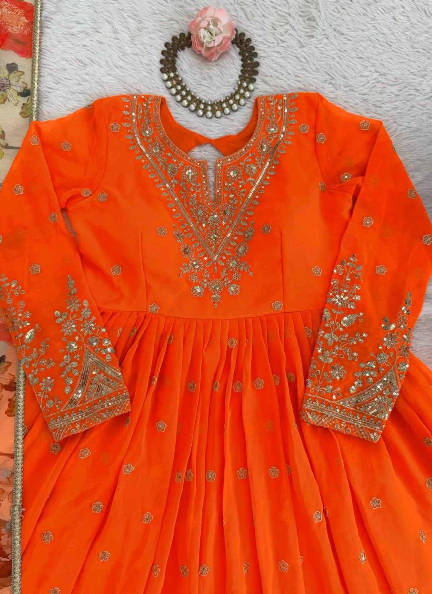 Orange Georgette Thread Work Anarkali Suit