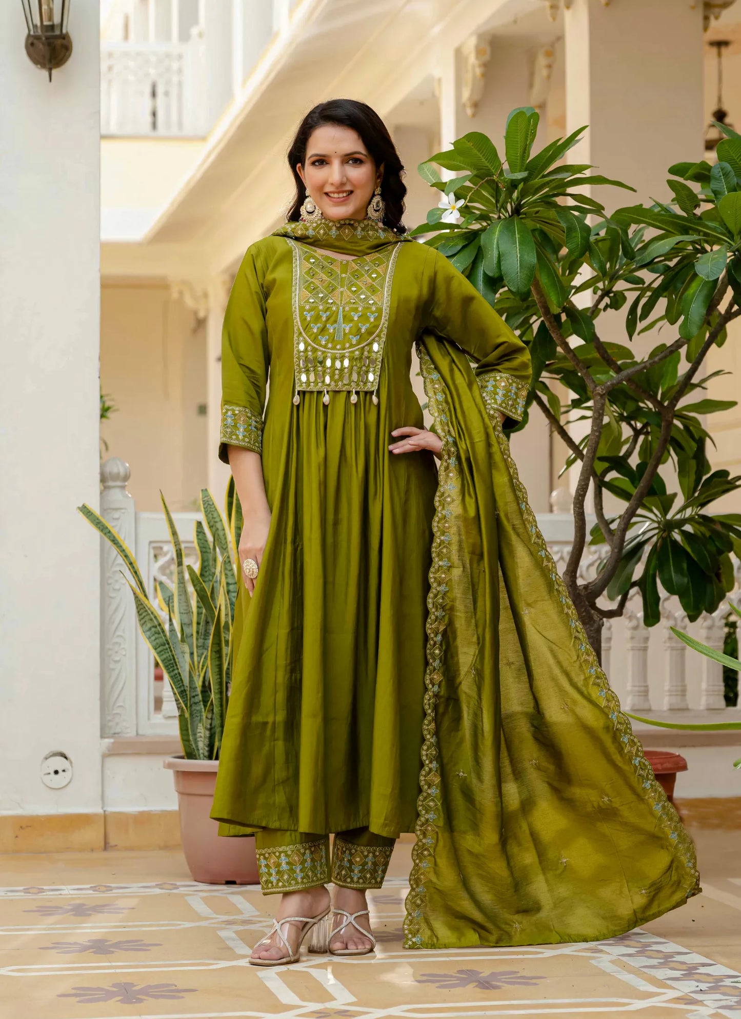 Beautiful Roman Silk Anarkali Kurti Mehndi