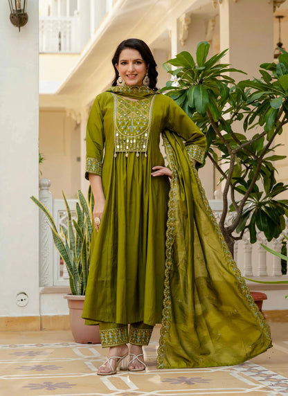 Beautiful Roman Silk Anarkali Kurti Mehndi