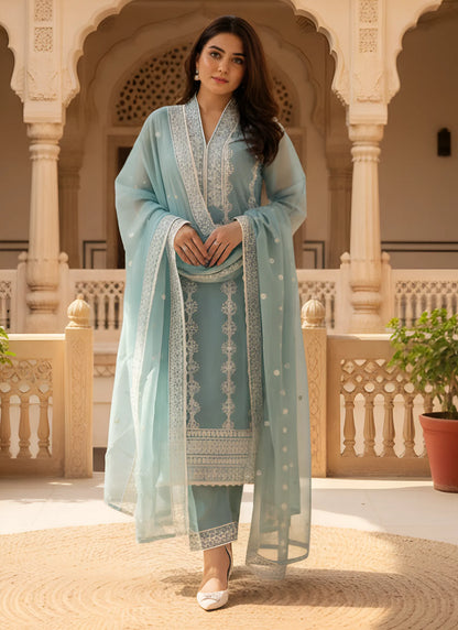 Silk Mangaldeep Kurta Set Sky