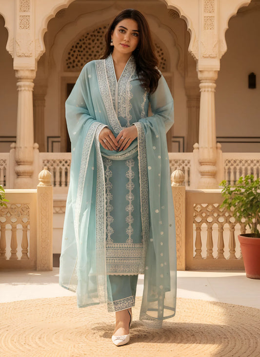 Silk Mangaldeep Kurta Set Sky